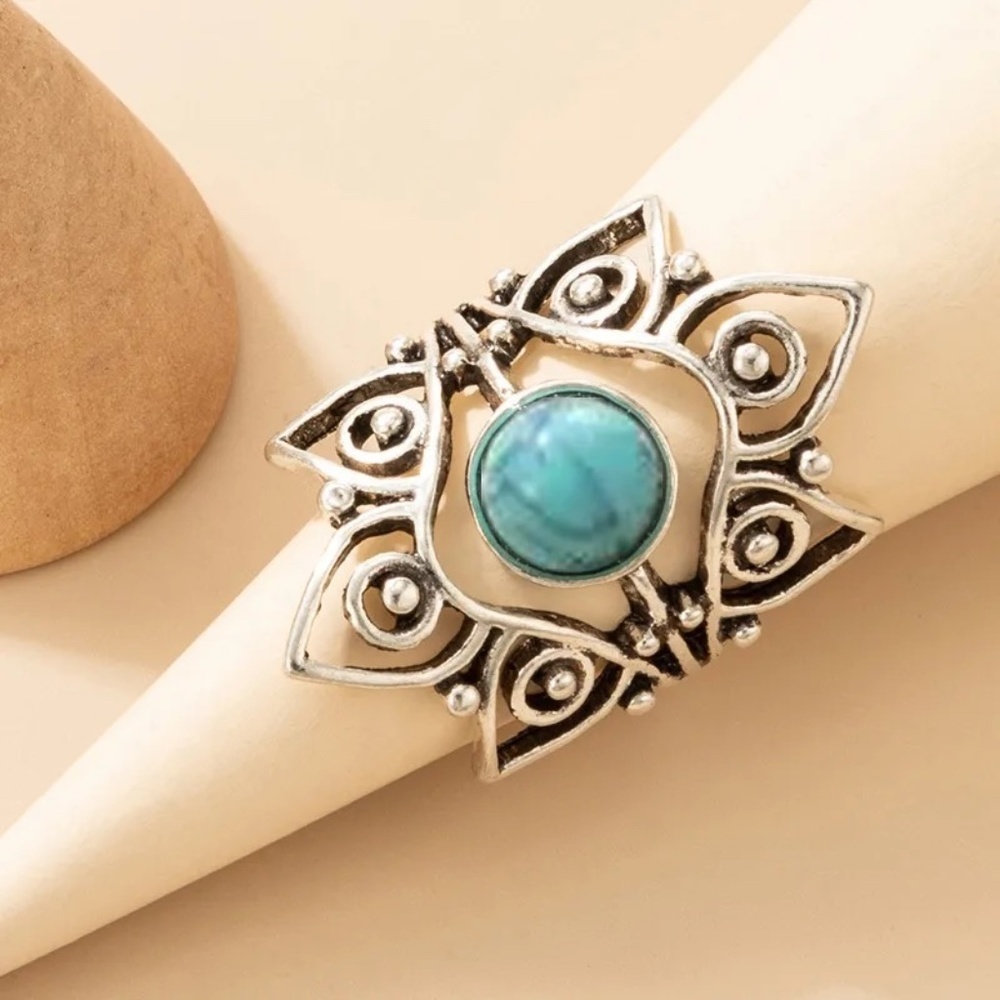 *Kendall* Silver X Teal Vintage Fashion Flower Boho Ring